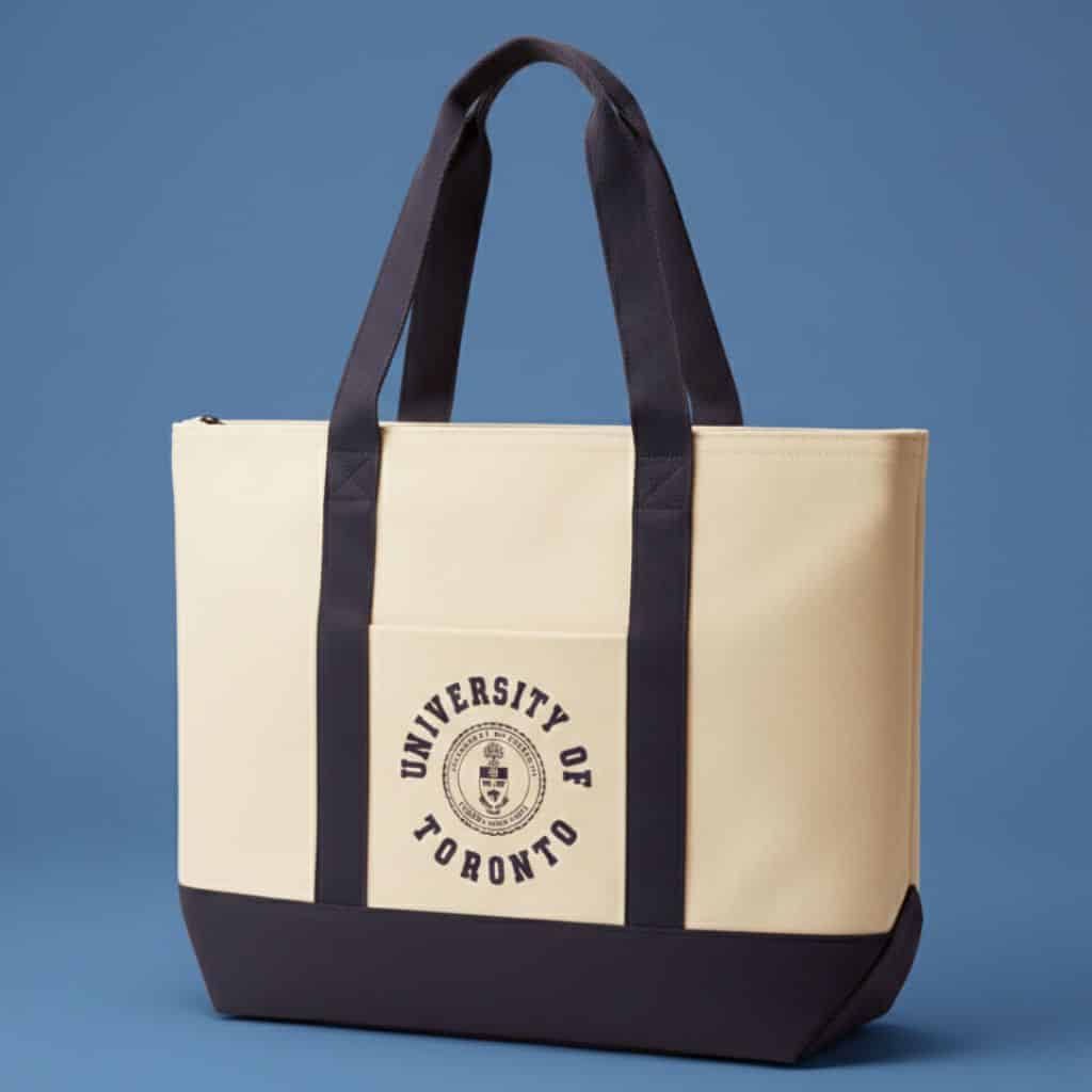 A cream and navy blue tote bag with "University of Toronto" and the university crest printed on the front pocket, displayed against a blue background.